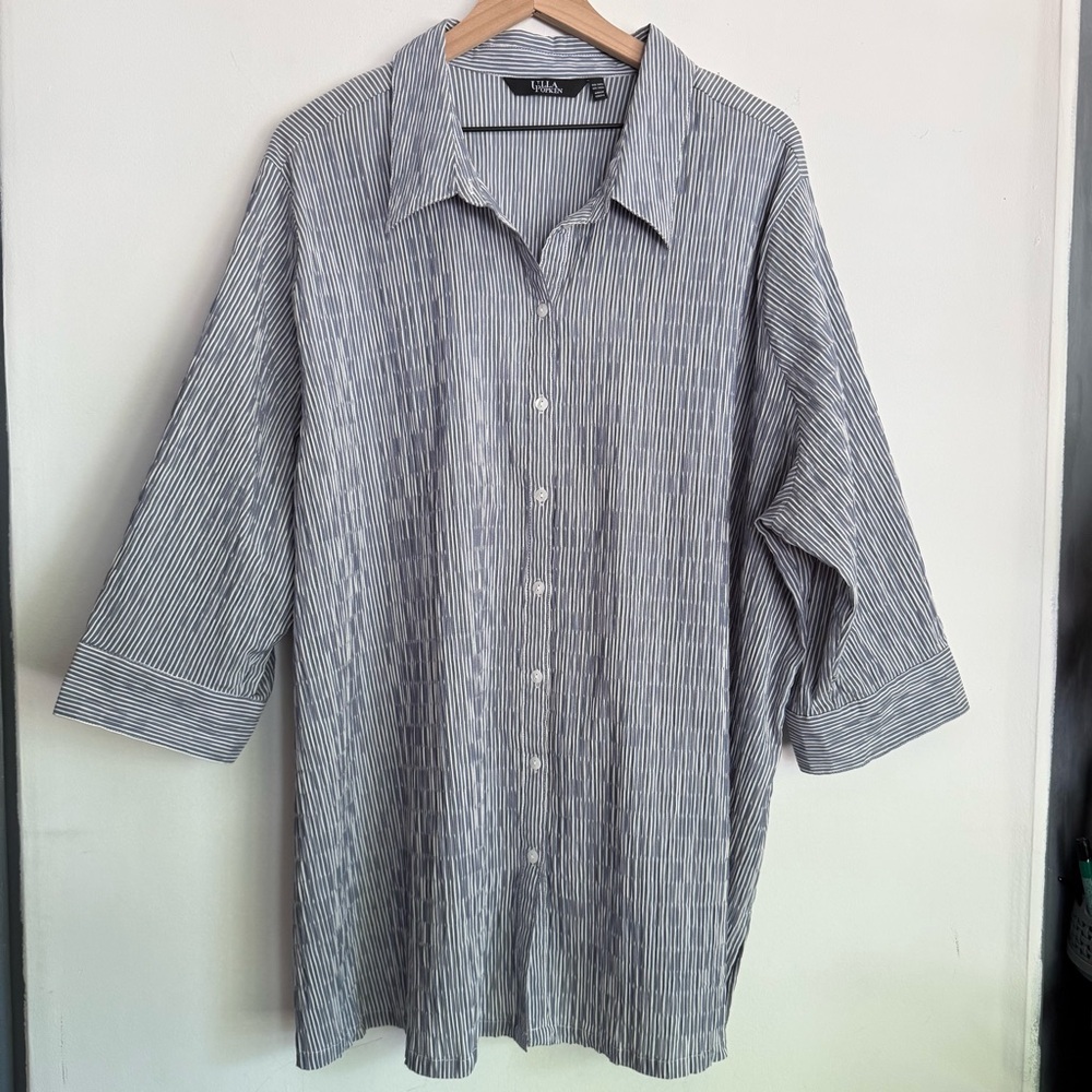 Ulla Popken Coastal Micro Pleated Blue White Striped Button Up Tunic Shirt 24/26